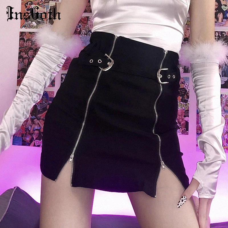 InsGoth Sexy Bodycon Rāvējslēdzēju Spraugas, Melni Mini Svārki Gothic Streetwear Augsta Vidukļa Vintage Stiept Īsi Svārki Sieviešu Gadījuma Puse