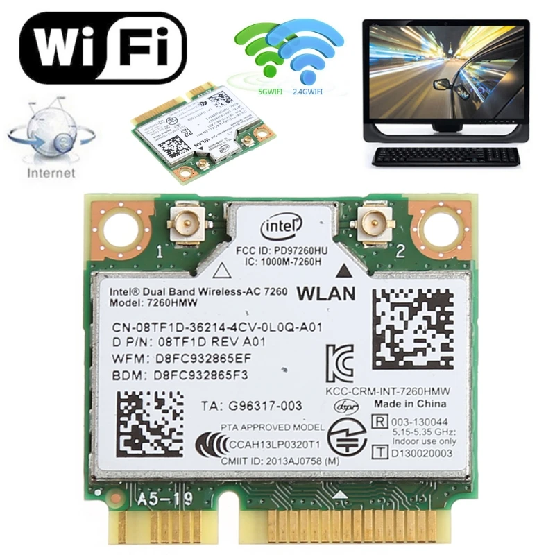 Ir 2021. Jaunu 876M Dual Band 2.4+5G Bluetooth V4.0 Wifi Bezvadu Mini PCI-Express Karte Intel 7260 AC DELL 7260HMW KN-08TF1D