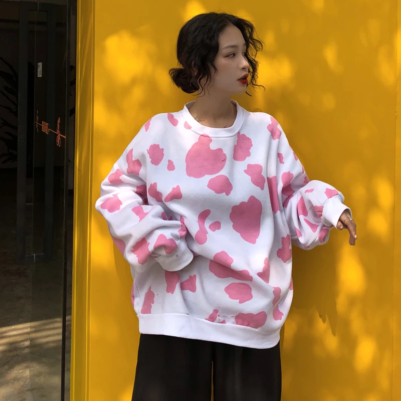 Ir 2021. rudens Harajuku stils cute rozā govs plankumi zaudēt apaļu kakla džemperis ar garām piedurknēm top sporta krekls