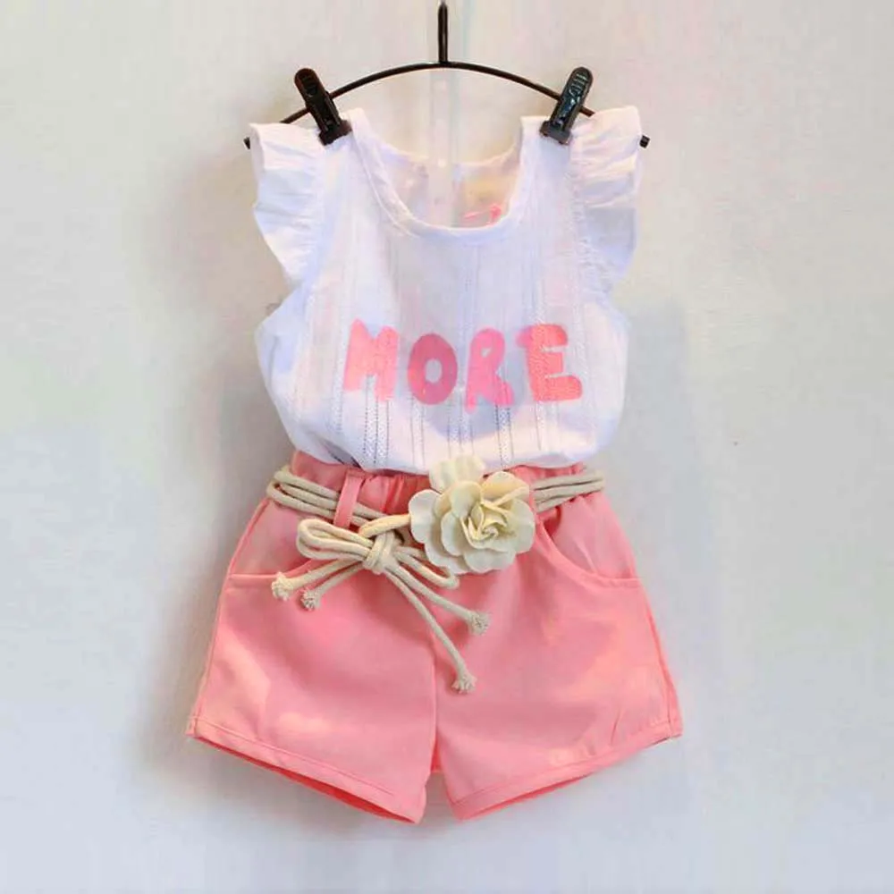 Ir 2021. Sweet Baby Meitenes Uzstādītu Burtu Drukāšanas Drukātā Šorti Ziedu Jostu Komplekts Toddler Bērniem Bez Piedurknēm T-Krekls+Bikses+Josta Tērpiem, Apģērbtu