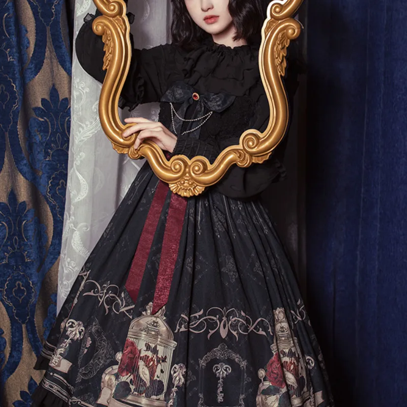 Japāņu Lolita JSK Kleita Lakstīgala un Roze Gothic Tumši Vintage Viktorijas Princese Tēja Puse Kleita bez Piedurknēm Lolita Kleitas