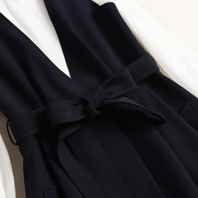 Jaunajā 2020. gada pavasara kleita ar V-veida kakla tumši zils, elegants birojs kleitas + ruffles apkakles izlīdzināšanu piedurknes balta blūze elegants divu gabals, kas