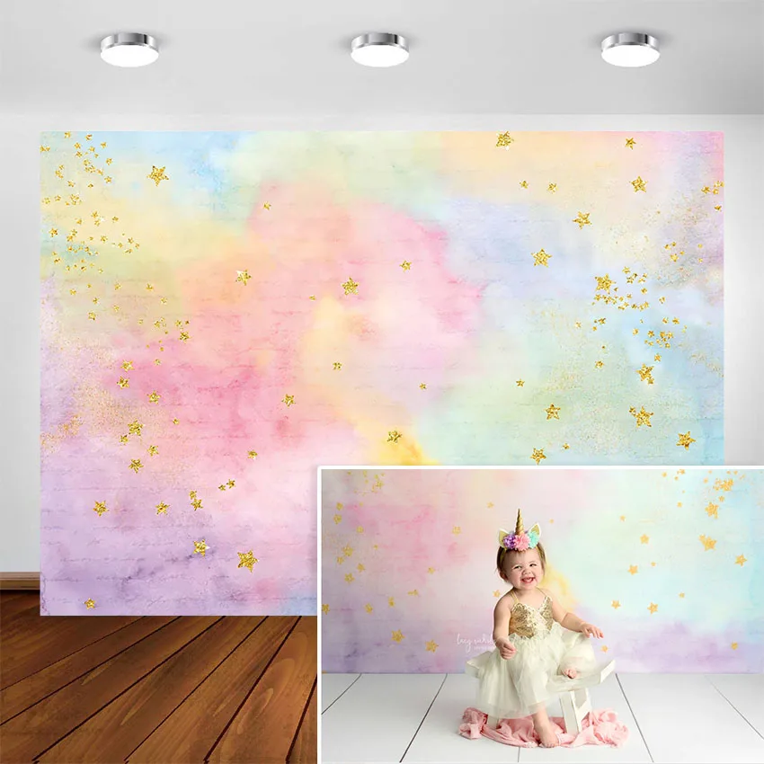 Jaundzimušo Fotogrāfijas Fons Krāsains Akvarelis Sky Cloud Zelta Zvaigznes, Apdares Bērnu Portreta Foto Fona Foto Studija