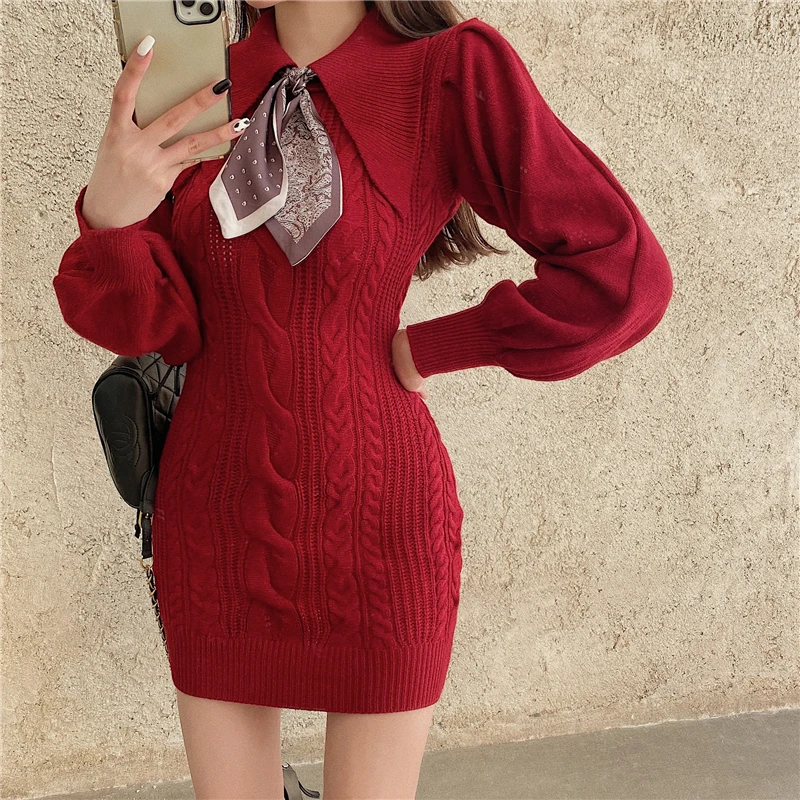 Jauno Modes Elegants Sieviešu Vērpjot Trikotāžas Džemperis Laternu Piedurknēm Bodycon Mini Kleita 2020 Rudens Ziemas Dāma Korejas Drēbes Vestidos
