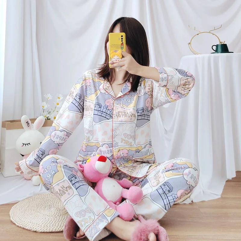 JŪLIJS DZIESMA Sieviete Pidžamu Viskoze garām Piedurknēm Sleepwear Gadījuma Kokvilnas Pidžamas Komplekts Sieviete Iespiesti Vasaras Pavasara Pyjama Sieviete