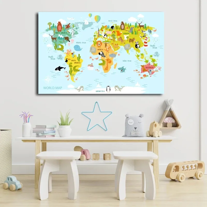 Kanvas Glezna Dzīvnieku Pasaules Kartes, Plakāts, Sienas Mākslas Krāsains Pasaules Plakātu Attēlus, Bērni, Bērni, Liela Izmēra Plakāti un Istabas Interjeru