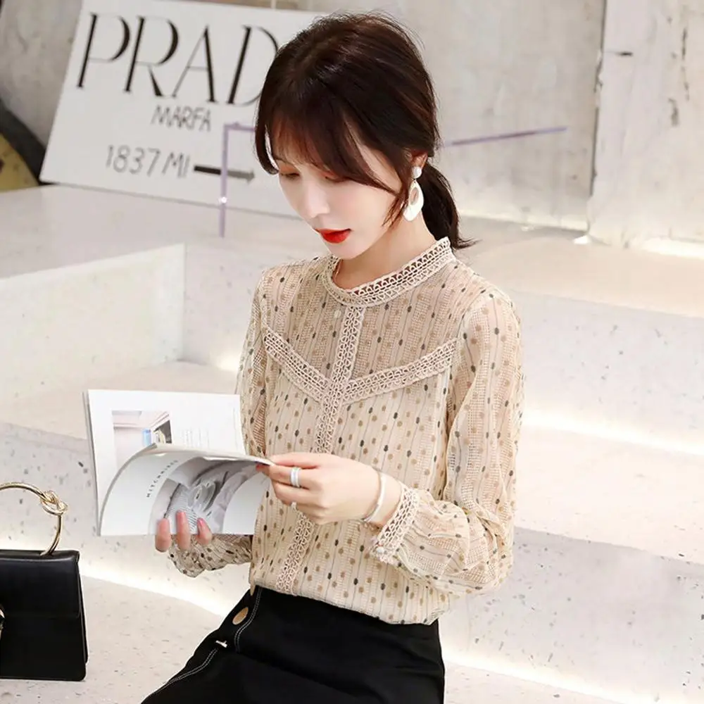 Korejiešu Stila Blūze Sievietēm Eleganto Mežģīņu Top Plus Lieluma Šifona Blūzes Cietā Vrouwen Blūzes Ar Garām Piedurknēm Krekls Sieviešu Apģērbs