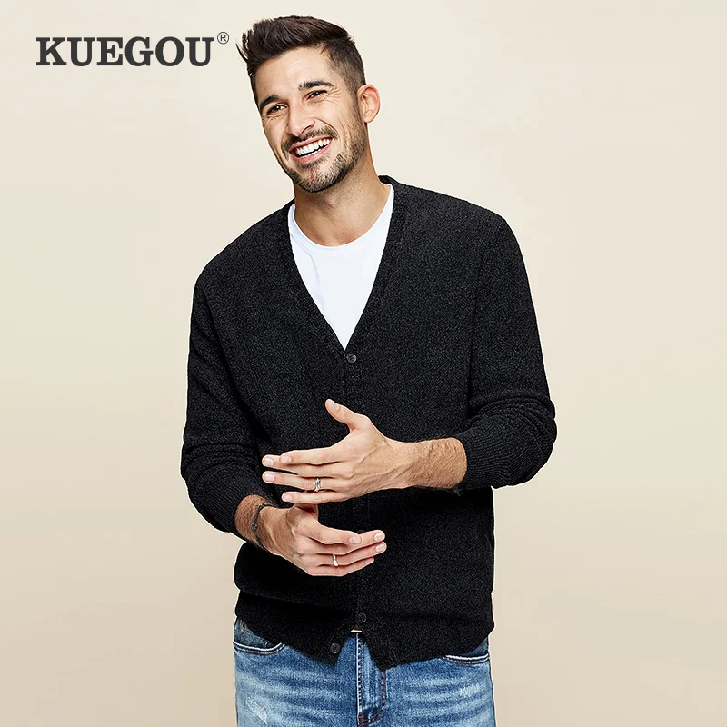 KUEGOU rudens vīriešu džemperis Pavisam silts adīts modes Trikotāža atpūtas džemperi jaciņa vīriešu top plus lieluma BZ-12657