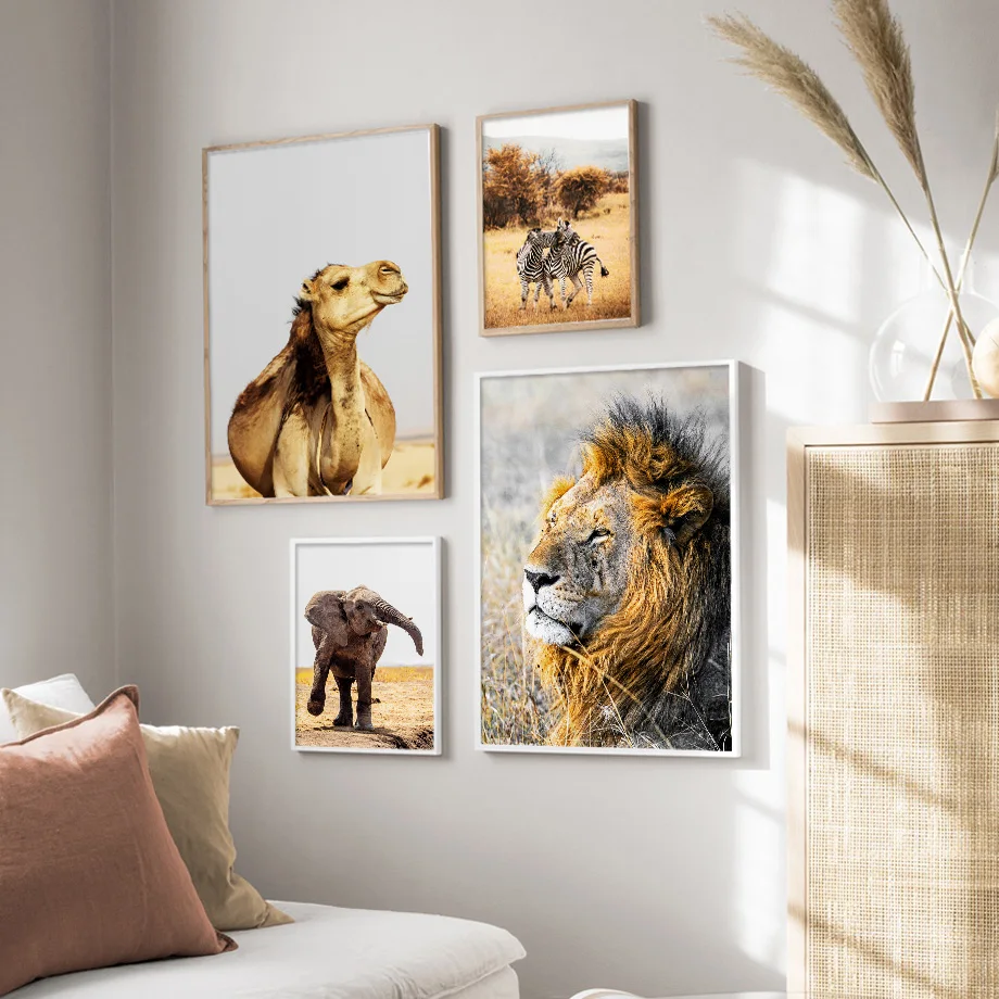 Lauva, Zilonis, Zebra Žirafe Camel Dzīvniekiem, Wall Art Audekls Gleznošanai Ziemeļvalstu Plakāti Un Izdrukas Sienas, Attēlus Dzīvojamā Istaba Dekori