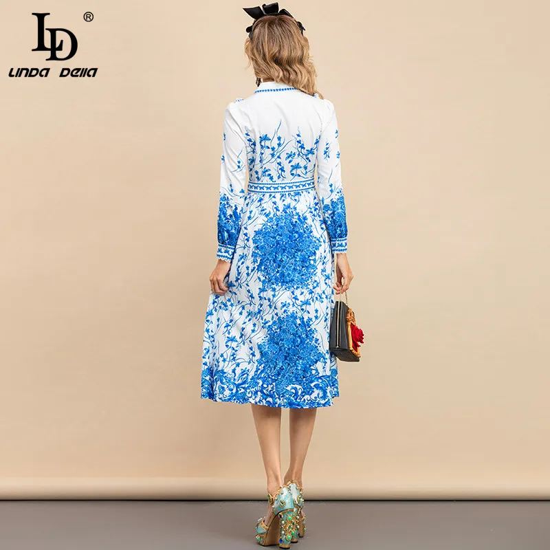 LD LINDA DELLA Modes Skrejceļa Rudens Kleita Sieviešu Vizuļi garām Piedurknēm, Elegants Balts Zils Drukāt Brīvdienu Sieviešu Vintage Midi Kleita
