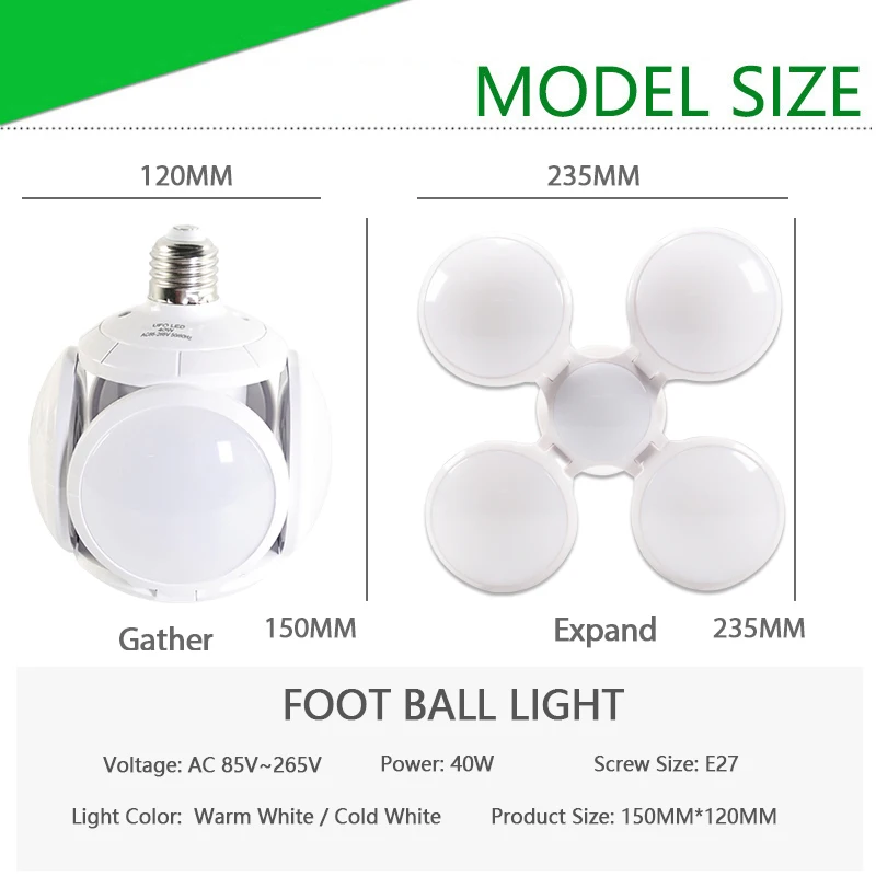 LED Spuldzes E27 futbola NLO lampas 360 grādiem Locīšanas Spuldze 40W 28W AC 85-265V 6W 12W 20W 220V 240V led Prožektoru gaismā, Auksts/Silts Balts