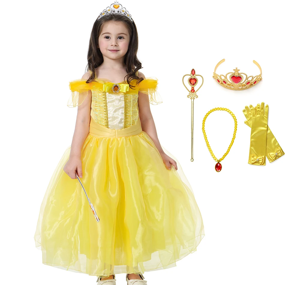 Mazā Meitene Cosplay Princese Kleita Princese dzeltenu Kleitu Bērni Saģērbt Halloween Puse Dzimšanas dienu Skaistums un Zvērs Kostīmu Fancy