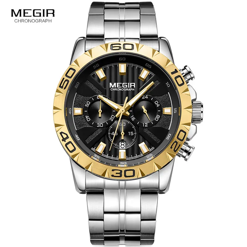 MEGIR Vīriešu CHronograph Biznesa Kvarca rokas Pulksteņi no Nerūsējoša Tērauda Ūdensizturīgs, Gaismas rokas Pulkstenis Cilvēks Relogios Masculino 2087 Zelta