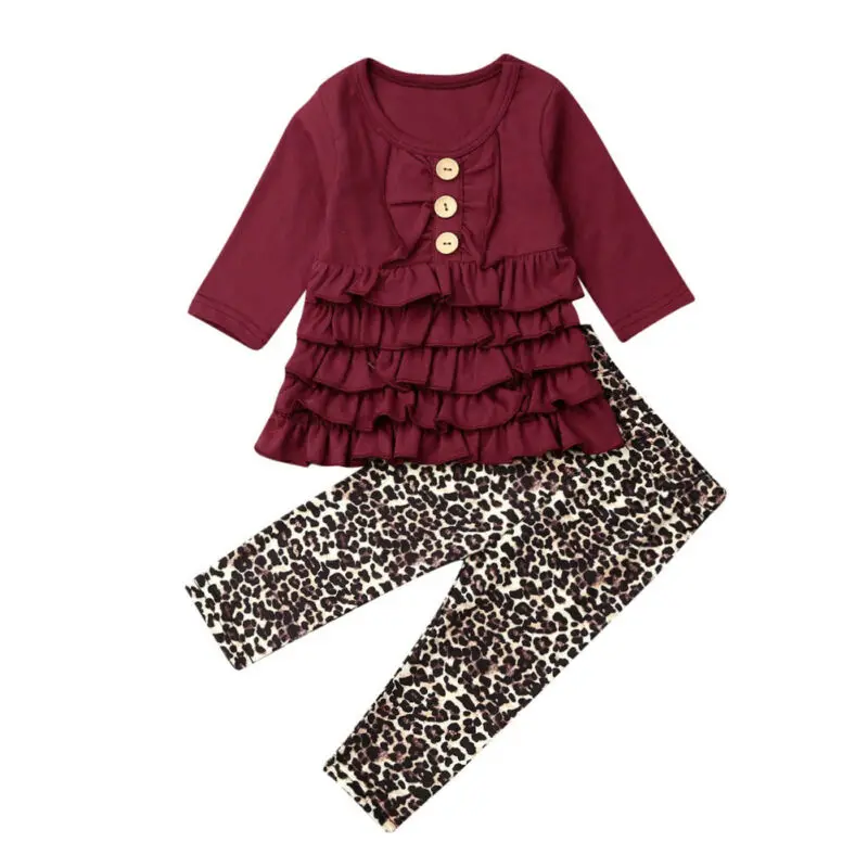 Meitene Drēbes 2019 Toddler Baby Girl Apģērbu Savirmot Garām Piedurknēm Topi, Kleita+Leopard Stulpiņi Bikses Apģērbs, Komplekts