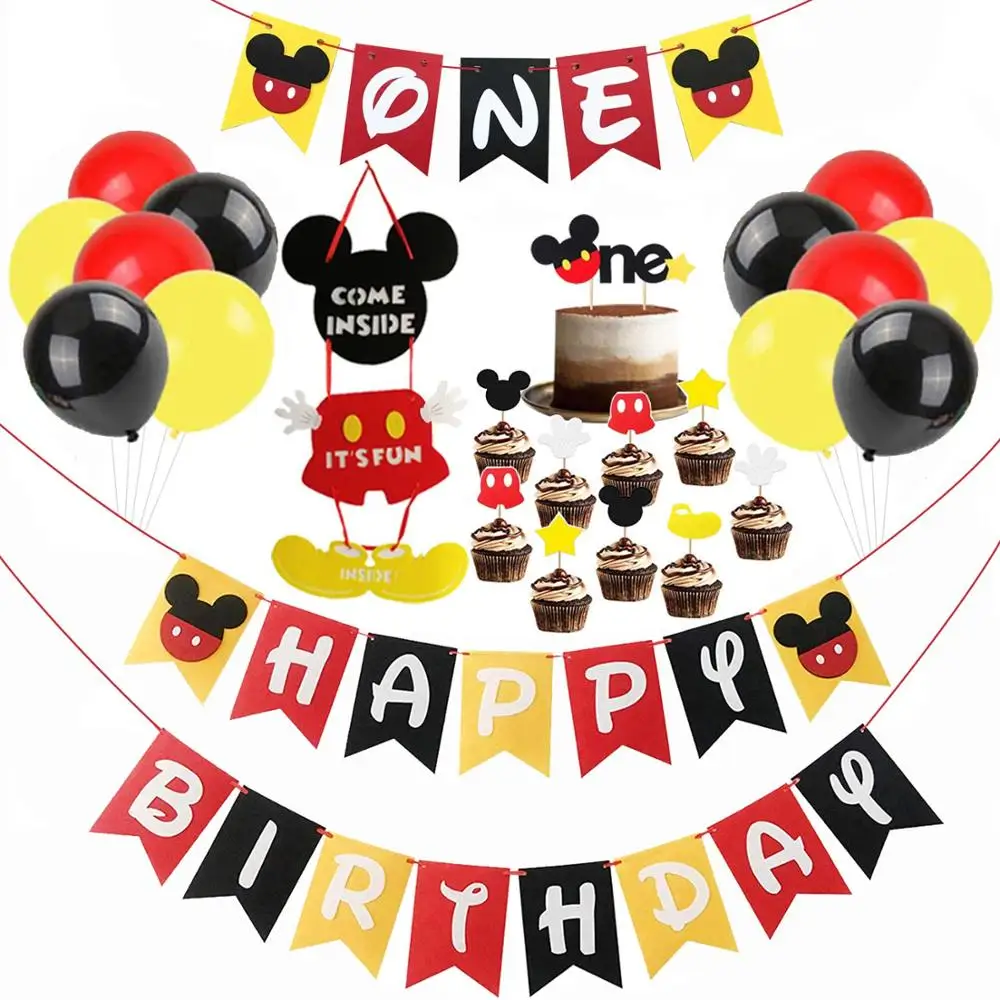 Mickey Mouse Dzimšanas dienas svinības Rotājumi, Baneris, Balonu Piegādes Zēni Meitenes Pirmās Dzimšanas dienas svinības ar Kūka Topper