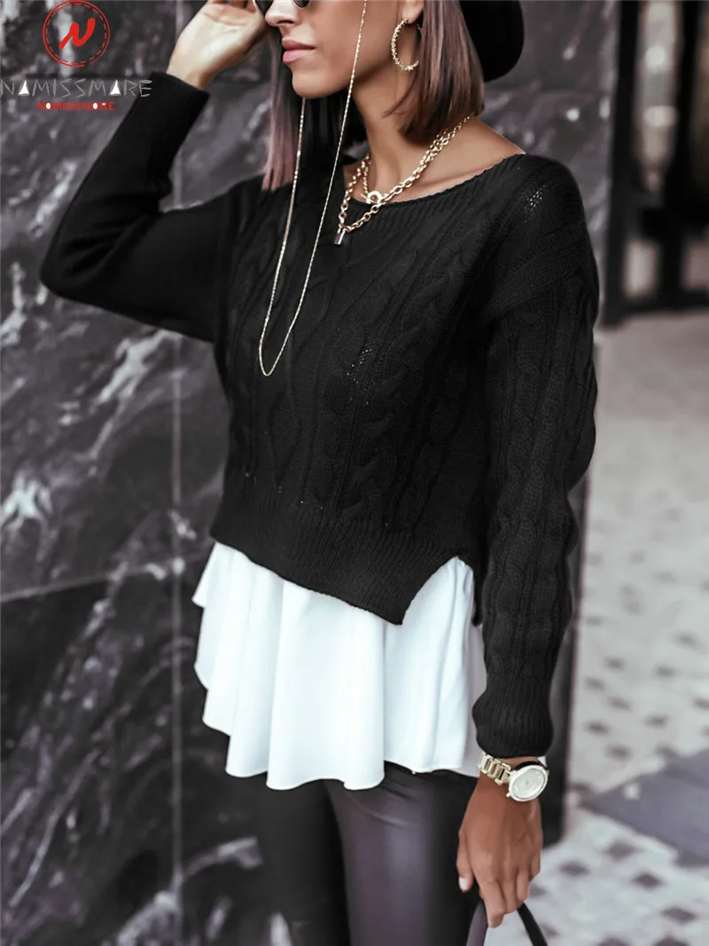 Modes Sieviešu Džemperi Raibs Dizains Dobi No O-Veida Kakla Garām Piedurknēm Tīrtoņa Krāsu Gadījuma Vaļēju Apkakli Adīts Tops