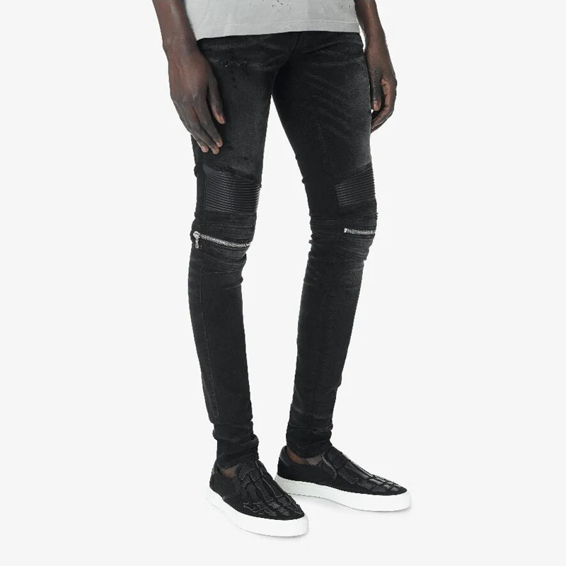 Modes Streetwear Vīriešu Džinsi Vintage Black Rāvējslēdzēju Savienoti Ripped Hip Hop Izdilis Džinsi Vīriešu, Elastīgās Bikses Punk Biker Džinsi Homme
