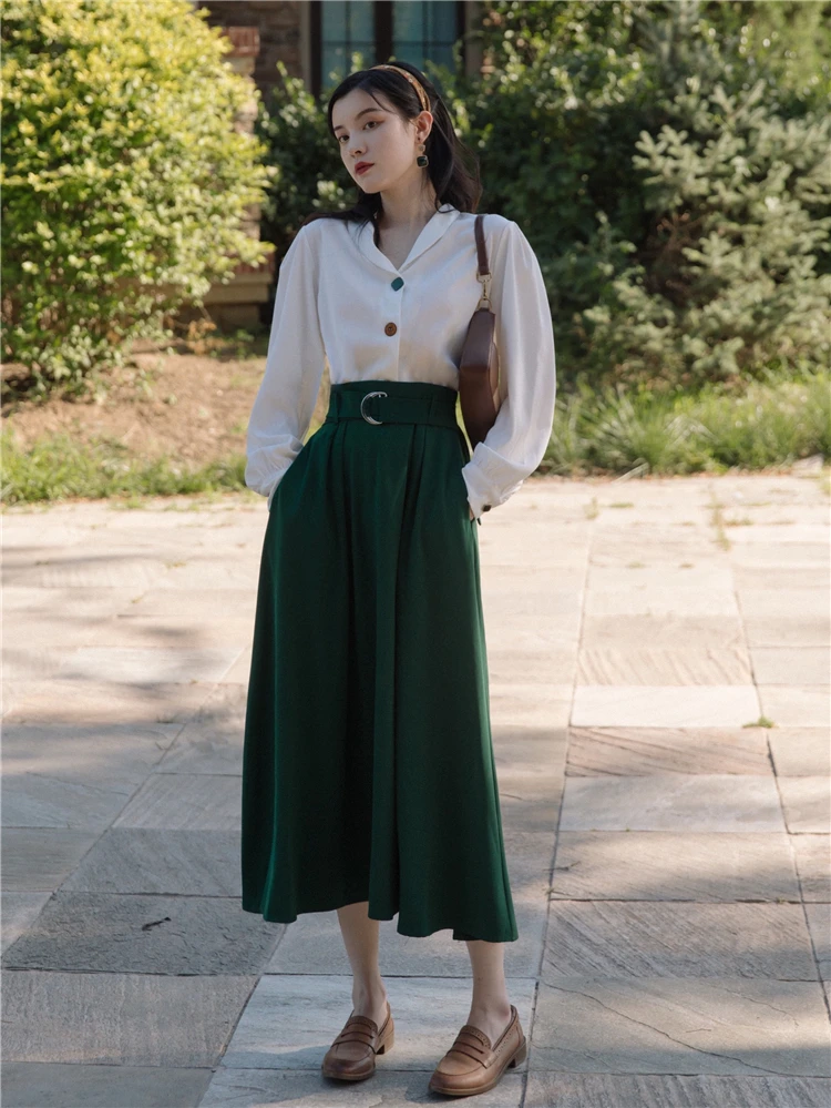 Mūsdienu Vintage Stila Tērpiem Biroja Dāma, Elegants Ar Garām Piedurknēm Baltā Blūze Sieviešu Topi Un Zaļš Maxi Svārki Ar Jostu Sievietēm Komplekts
