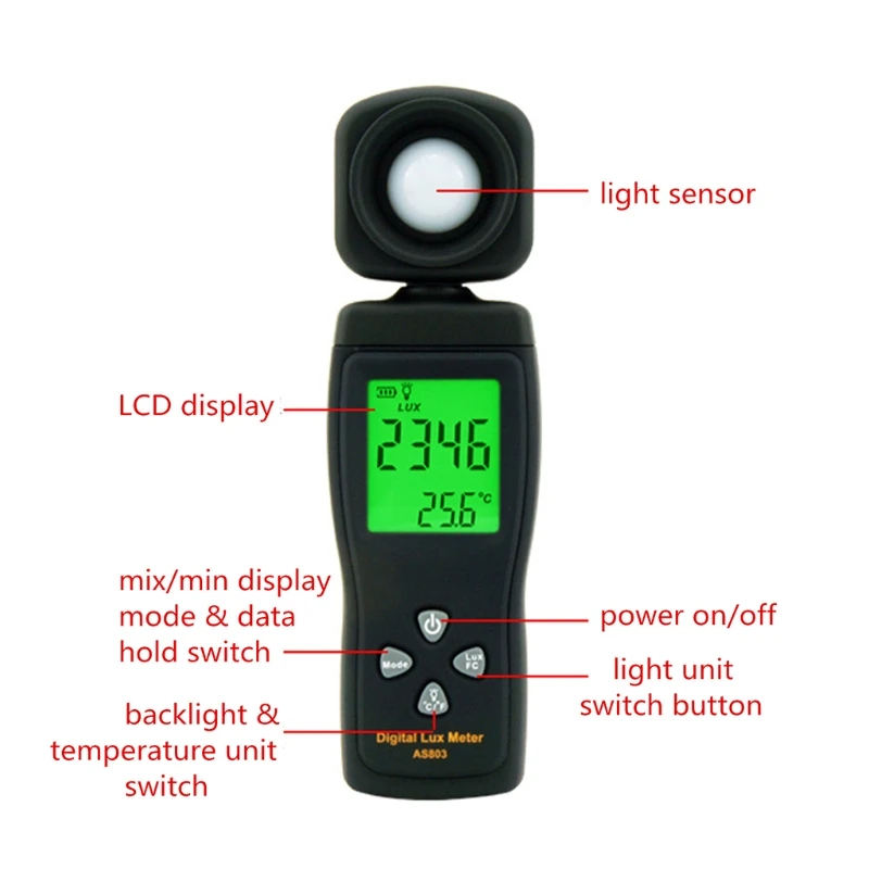 OOTDTY AS803 Luxmeter Digitālās Gaismas Mērītājs Lux Metru Fotometrs UV Metru Radiometer LCD Handheld Illuminometer