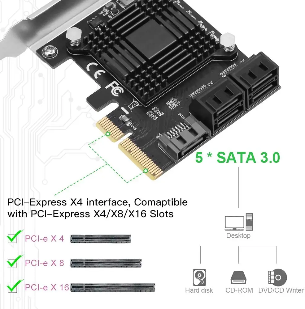 PCI Express 3.0 x4 5 Portu SATA III 6Gbps Izplešanās Kontrolieris Kartes Atbalsts Port Reizinātājs HDD, SSD Ar 5x Datu Kabeļi
