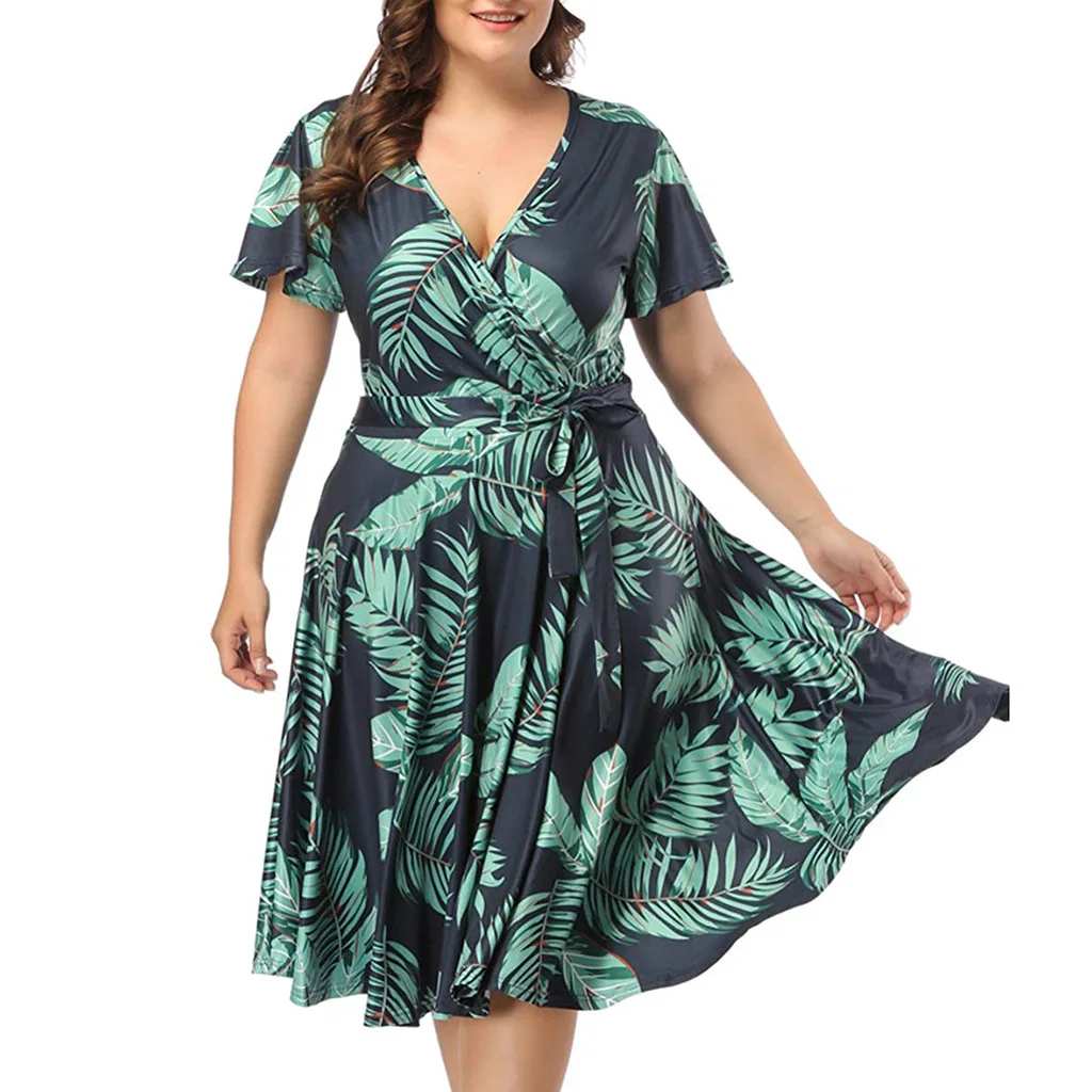 Plus lieluma kleitas sievietēm 4xl 5xl 6xl zaļā Sievietes sexy v kakla īsām piedurknēm lapu drukas wrap kleita, liela izmēra vasaras kleita 2020