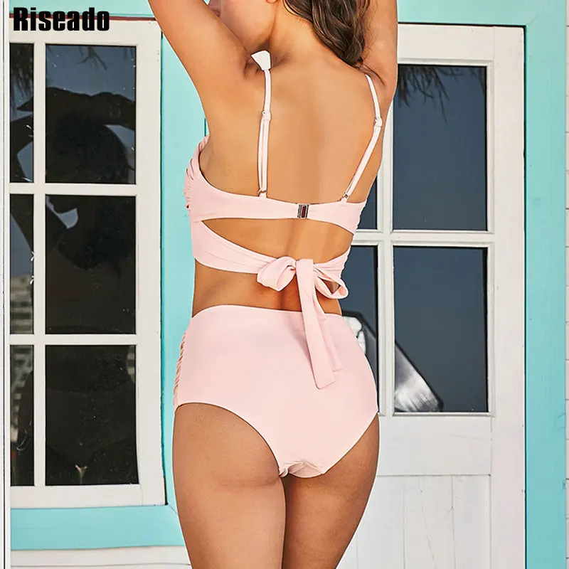Riseado Augsta Vidukļa Bikini Ir 2021. Push Up Peldkostīmi Sieviešu Peldkostīms Cietā Peldkostīms Ruched Beachwear Mezgloti Peldēšanas Tērps Vasarā