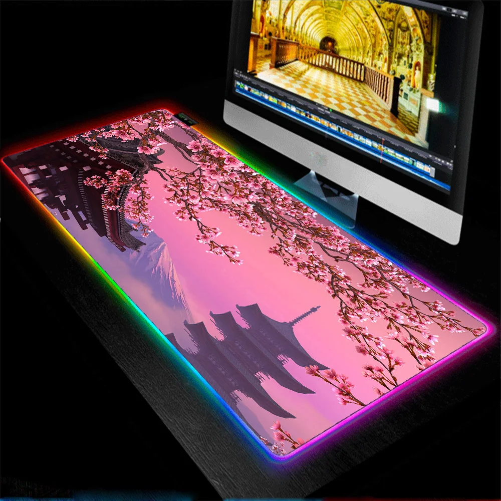 Rozā Ainavu Cherry Blossom 90x40/80x30 Rozā peles paliktnis RGB Spēļu Pele Spilventiņu Krāsains LED Klēpjdators Tastatūra CS Pad XxL Galda Paklājiņš