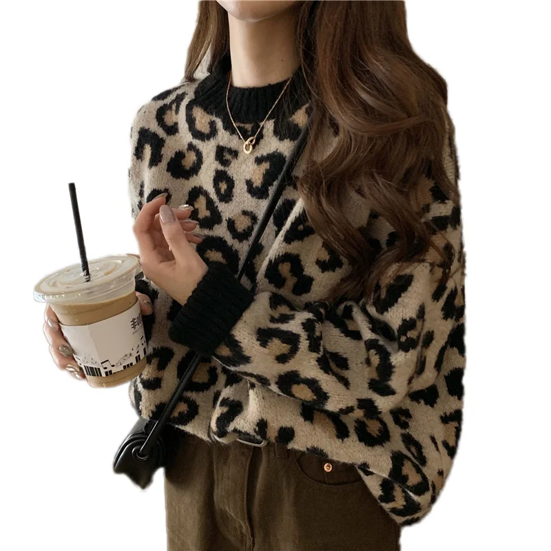Rudens Ziemas Trikotāžas Pamata Džemperis Džemperis O Kakla Leoparda Garām Piedurknēm Sieviešu Modes Gadījuma Silts Soft Topi