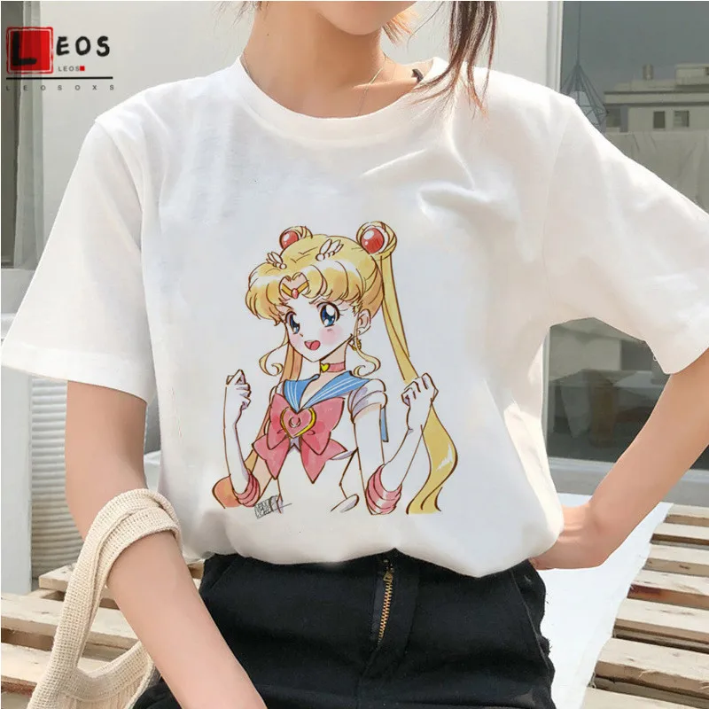Sailor Moon Sieviešu T-Krekls Anime Drukāt Harajuku Zaudēt Īsām Piedurknēm Meitenēm Summer Cartoon Gadījuma Gudrs Kaķis Modes Dāma Top Tee