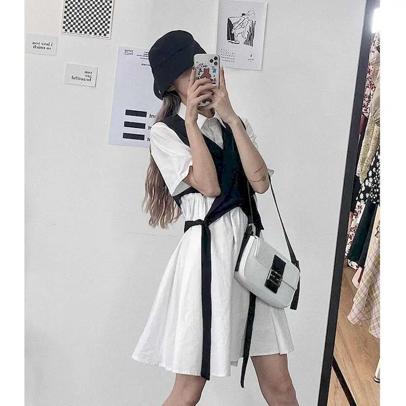 Savukārt Apkakle, vestes un jostas šūpoles kleitu sievietēm streetwear sieviešu tērpiem preppy vasaras korejiešu stilā jauniešu atbilstības komplekti