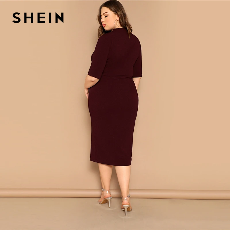 SHEIN Elegants Melns Plus Izmērs Mock-kakls Ciets Zīmulis Slim Kleita Sievietēm Pavasara Biroja Dāma Bodycon Pamati Plus Lieluma Ilgi Kleitas