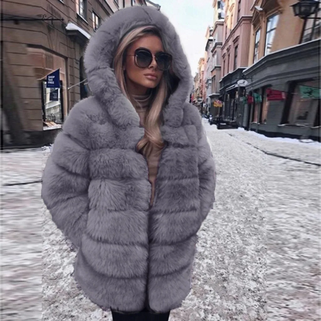 Sieviešu Modes Luksusa Mākslīgās Kažokādas Mētelis Kapuci Rudenī, Ziemā Silts Mētelis sieviešu dūnu jaka ziemas 2020