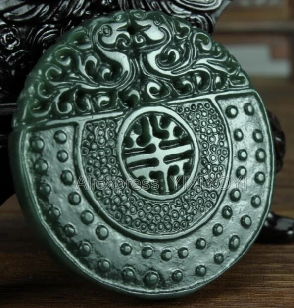 Skaisti Handwork Dabas Tumši Zaļa HeTian Jade Cirsts Ķīnas Double Dragon Laimīgs Amuletu Kulons + Bezmaksas Kaklarotu, Smalkas Rotaslietas