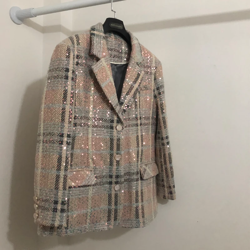 Smagā rūpniecība modes sequined vilnas žakete sievietēm slim vintage mazo uzvalks