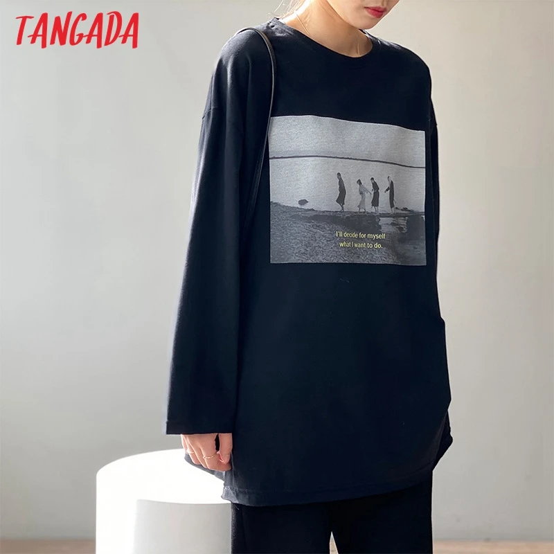 Tangada Sieviešu Vintage Photo Print Lielgabarīta Kokvilnas T Krekls ar garām Piedurknēm Dāmas Gadījuma Tee Kreklu Street Wear Top ASF23