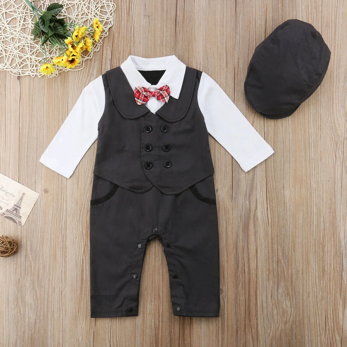 Tikko Toddler Puika Formālu Uzvalku Puse Kāzu Uzvalku Džentlmenis Dubultā Krūtīm, Romper Jumpsuit +Cepures Apģērbs no 0-24M