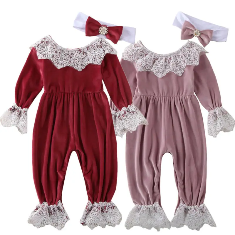 Toddler Bērniem Meitene, Mežģīnes, Samts Plīša Romper ar garām piedurknēm ar mežģīņu Ziedu Jumpsuit galvu kopumā Tērpiem Rudens Ziemas Drēbes 0-24M