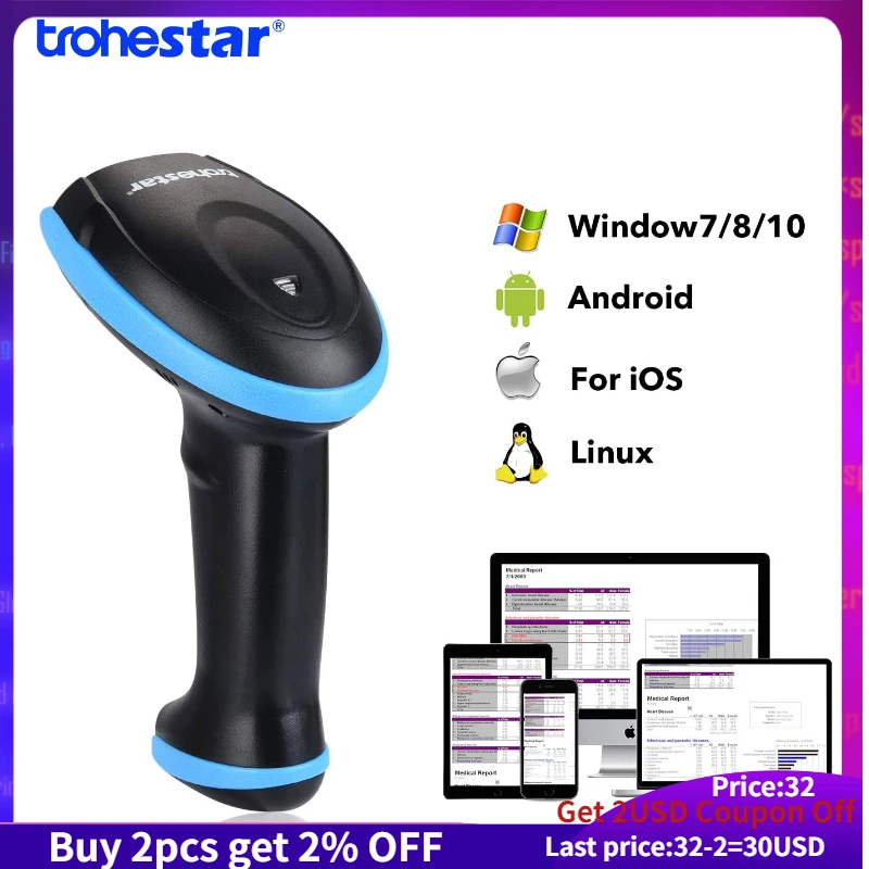 Trohestar Svītrkodu Skeneri, Bluetooth 1D 2D QR svītrkodu Lasītājs Skeneri rokas loģistikas Escaner par Windows, Mac, Android vai iOS