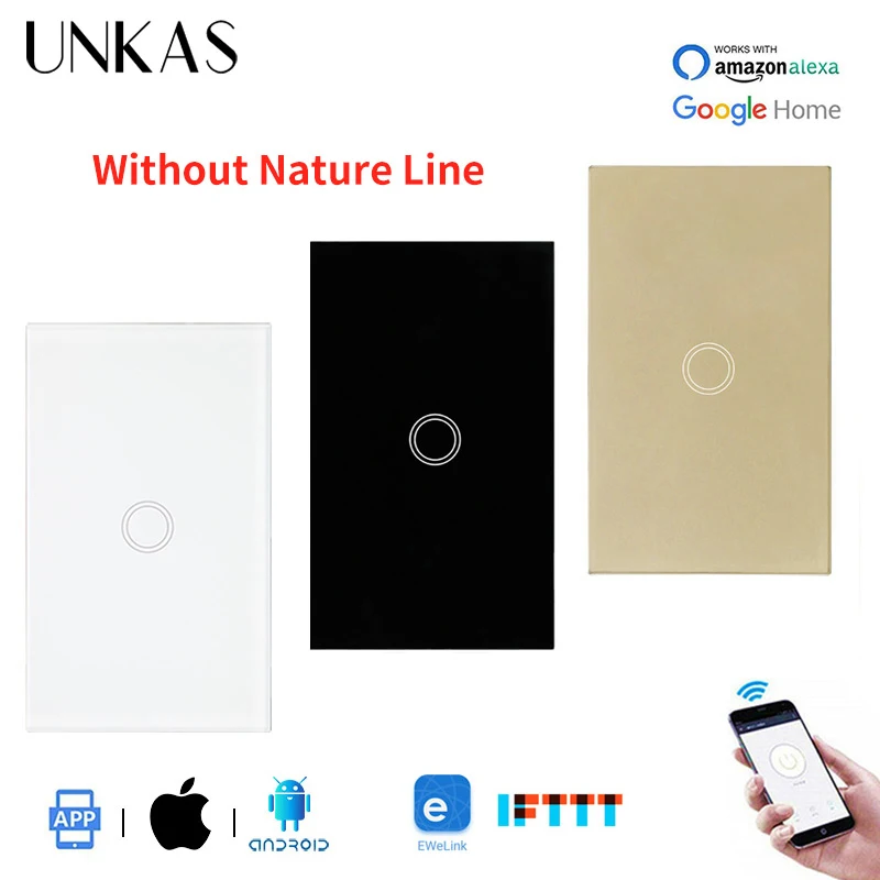 UNKAS 1 Banda 1 Veids, ASV Standarta maiņstrāvas Touch Switch Ewelink Kontroles Nav Neitrāls Vads Vajadzīgs Smart Gaismas Slēdzi Vienas Uguns Līnijas