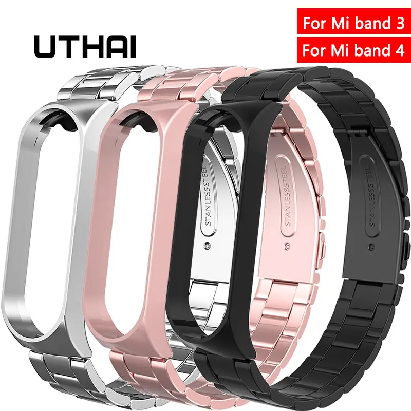 UTHAI Xiaomi Mi grupa 3/4 Siksniņa, Nerūsējošā tērauda watchband Nomainīt siksnu Metāla aizsardzības apvalks, mi grupa 3 4 watchband