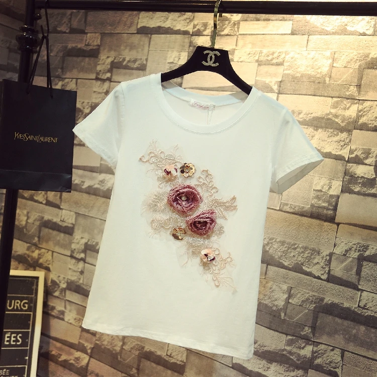Vasaras 2019 Jaunā Sieviešu Ziedu Dimanta Kokvilnas Krekls T-krekls + Plaša kāju Džinsi Meitene Studentu Augsto Vidukli Caurumu Džinsa Bikses Kopa