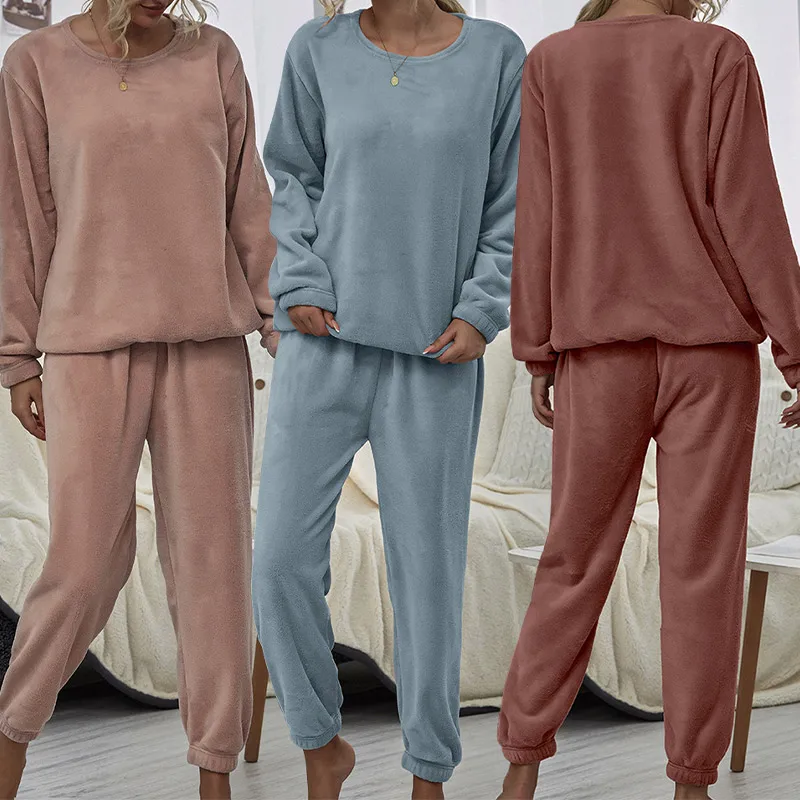 Vilnas Sieviešu Mājas Apģērba Cietā Silts Gadījuma Pajama Komplekti Sieviešu Sleepwear Mīksta, Komfortabla Ziemas Rudens Joggers Dāma Atpūtas telpa