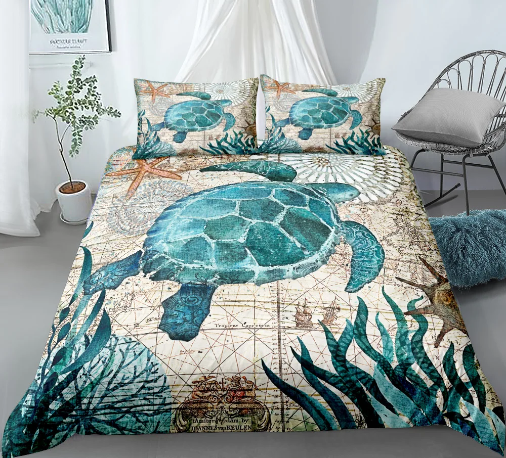 Vintage bruņurupuči digital art gultas komplekts karalis, karaliene dubultā pilnu dvīņu viena izmēra gultas veļas komplekts