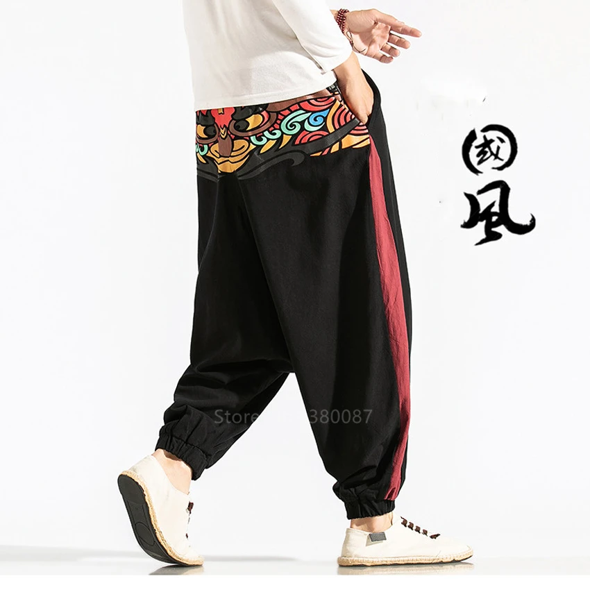 Vīrieši Japāņu Stila Ukiyo Drukāt Samurai Kostīmu Harēma Bikses Haori Vintage Bikses Atpūtas Zaudēt Elastīgs Modes Apģērbu Āzijas
