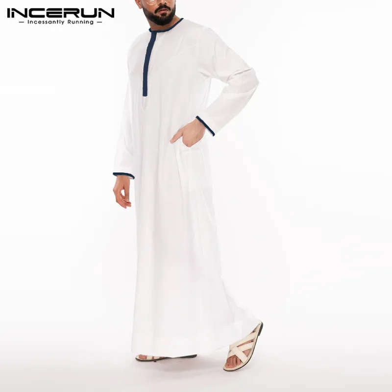 Vīriešu Jubba Thobe Vintage Raibs garajos svārkos INCERUN Vīriešu garām Piedurknēm O Kakla Musulmaņu Caftan Mantijas Kabatā Islāma Dubaija Apģērbu 7