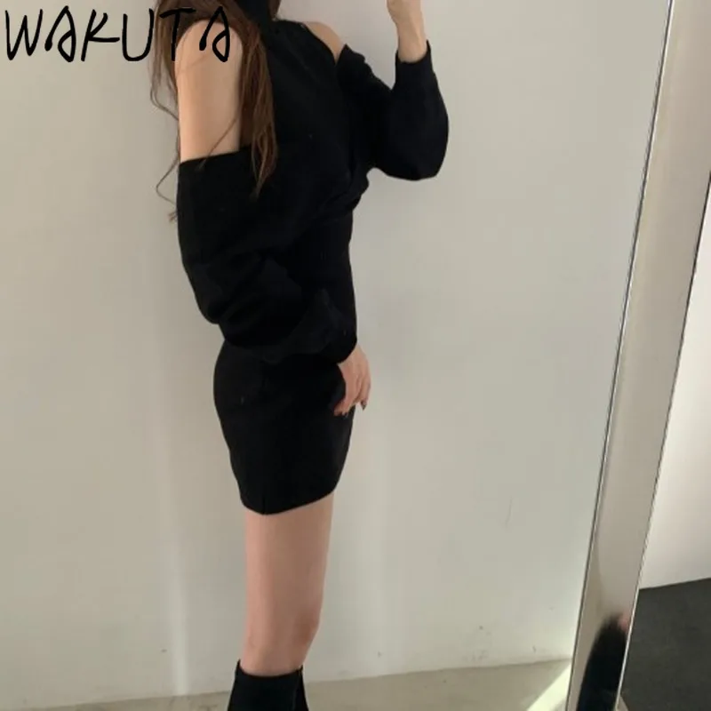WAKUTA Elegants Adīt 2 Gabals, kas Sievietes Sexy Pie Pleca Slaids Viduklis Džemperis un Siksna Mini Bodycon Kleita korejas Modes Tērpiem