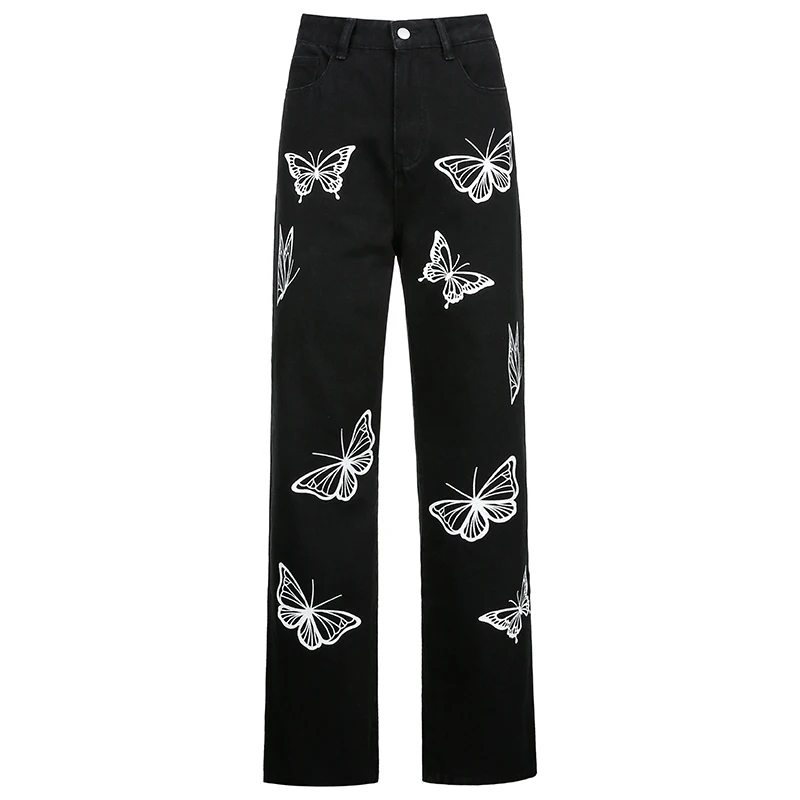 Weekeep Black Modes Vintage Taisni Džinsi Tauriņš Drukāt Augstas Starām. Sieviešu Slim Džinsa Bikses Streetwear Bikses Kravas Bikses