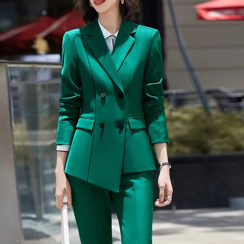 Zaļā Melnu Bleizeri Divas Gabals, noteikti Sieviešu Kostīmi, Biroja Komplekti Formāls Nelegālās Elegants Plus Lieluma Rudenī Uzņēmuma Darbs Pantsuits