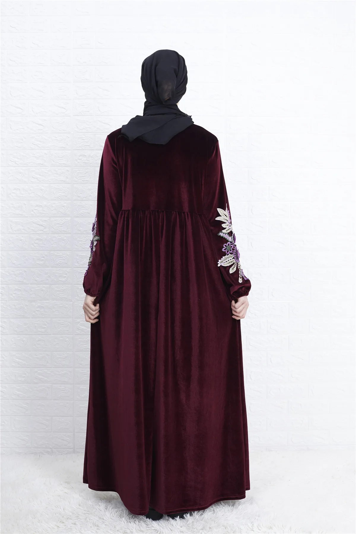 Ziedu Izšuvumu Samta Musulmaņu Gara Kleita Sievietēm, Lielās Šūpoles-line Turcija Maxi Hijab Kleitas Dubaija Kaftan arābu Islāma Apģērbi