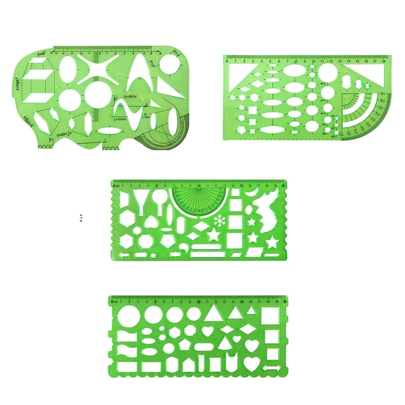 10 Gab. Zaļā Plastmasas Zīmējumi Veidnes Mērīšanas Veidnes Ģeometriskā Valdnieki, Skolas un Biroja Piederumi